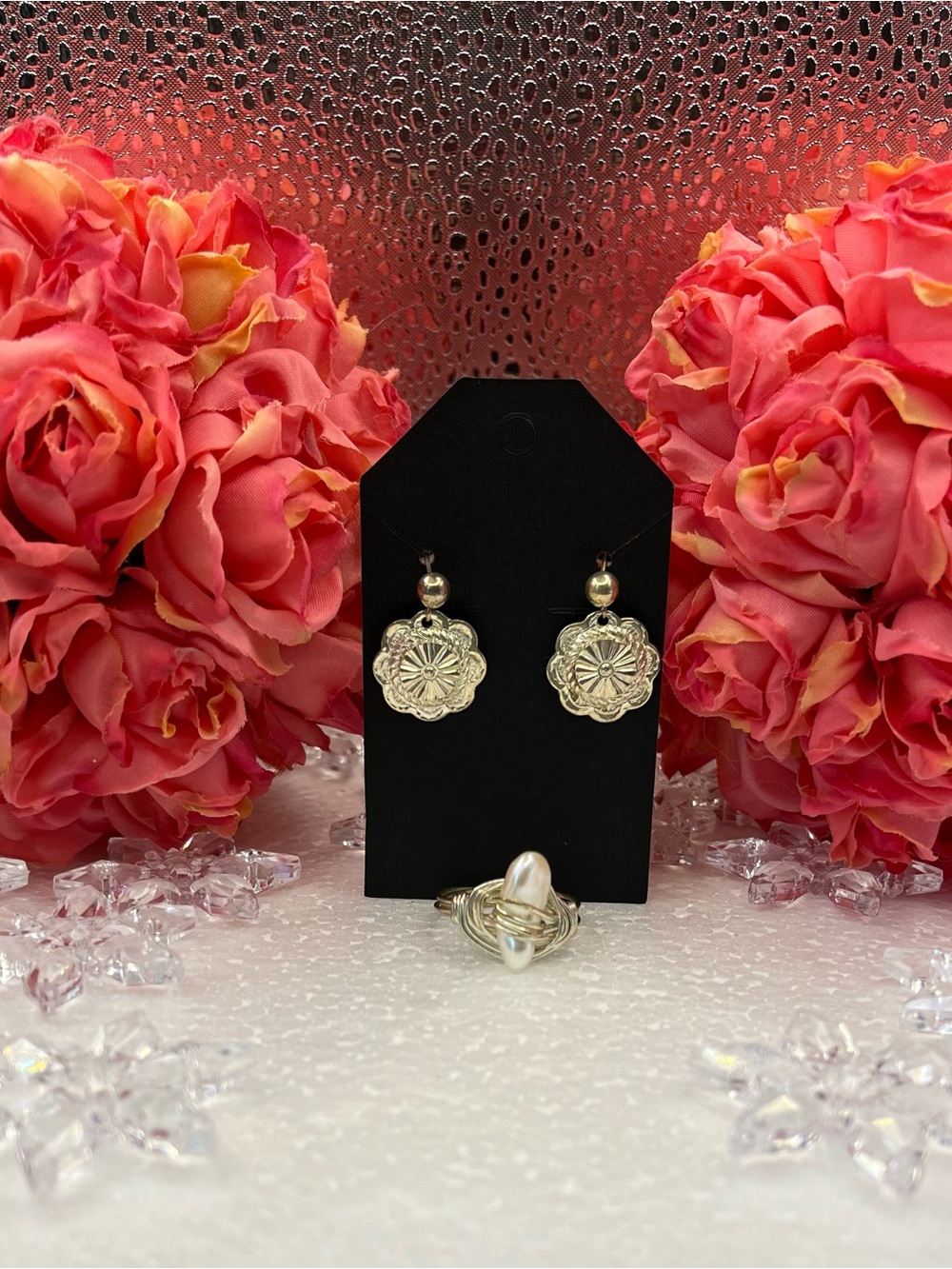 Delicate Silver  Floral Drop Earrings and Pearl Ring Set